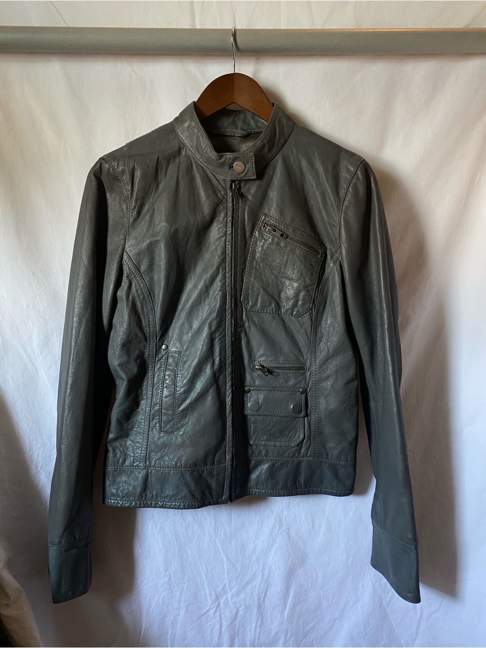 Black Rivet Gray Leather Moto Jacket with Zip Pockets